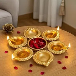 Diya Shape Flower Decorative Urli Bowl for Home Handcrafted Bowl for Floating Flowers and Tea Light Candles Home Table| Diwali Decoration Magnetic Steel, Gold (8 inch)-picture-31