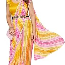 rajeshwar fashion with rf Women's Readymade Pleated Pre Drape Stitched Georgette Striped Leheriya Printed Saree With Lace Border & Solid Blouse (Ready To Wear One Minute)-picture-10