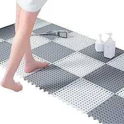 Interlocking Non Slip Drainage Tiles 12 x 12 Inch Soft PVC Waterproof Floor Mat Non Slip Rubber Bath Mat with Drain Holes Column for Bathroom, Kitchen, Shower, Pool,(Grey, White) (4)-image-77