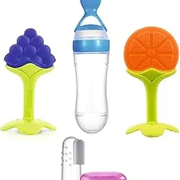 ROFORUF Infants Silicone Baby Food Dispensing Spoon Bottle 90Ml 1Pc, Fruit Shape Teether 2Pc & Finger Tooth Brush 1Pc (Combo Of 4),Assorted-picture-59