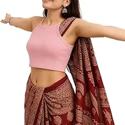 xolani Readymade Fitted Saree Blouse for Women Sleeveless Square Round U Neck Regular fit Stretchable Pullon Ribbed Tank Crop Top VX18-picture-18
