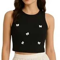 tivante Solid Sleeveless Tank Crop Top with 3D Bow Embellishments | Trendy Round Neck Stretchy Casual Top | Soft Fabric Designer Western Tank Top for Women-picture-18