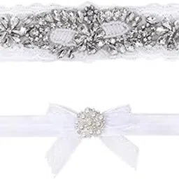 zoylink 2PCS Womens Wedding Garter Set Rhinestone Bow Garter Lace Garter Leg Ring(Silver)-picture-18