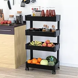Kuber Industries 4-Layer Stackable Plastic Bathroom Trolley with Wheels | Portable Fruits & Vegetable Rack for Kitchen | Multipurpose Storage Organizer Shelf | Modular Onion Potato Basket | Black-picture-13