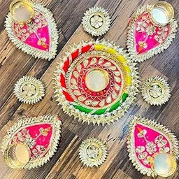 SellPluscrafts Handcrafted Decorative Gota Patti Patra Patch Rangoli T-Light Holder Set | Diwali Diya Set | Home Decor | Rangoli Tlight Holder Set for Decoration (Design 10)-picture-69
