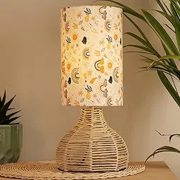 Decazone Elegant Design Small Boho Table Lamp Rustic Paper Rope Rattan Wicker Look Standard Bedside Table Desk Lamp with Raimbow Linen Shade-picture-10