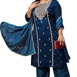 janasya Women's Plus Size Teal Blue Silk Blend Zari Embroidered Straight Kurta Set-picture-26