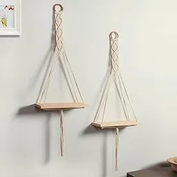 Macrame Wall Hanging Shelf, Handwoven Cotton Rope, Wooden Display Shelves, Set of 2, Beige-picture-27