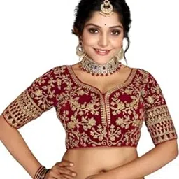Round Neck Elbow Length Sleeve Readymade Designer Velvet Saree Blouse with Gold Embroidery and Jari Work-image-20