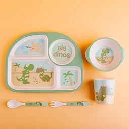 GION Divided Plate for Baby Feeding with Bowl Cup Fork & Spoon Baby/Toddler/Kids Meal Set to Feed Themselves Dish Washer Safe Food Grade Resin & Bamboo Fiber Toddler Plate (1 Set) (Square)-picture-14