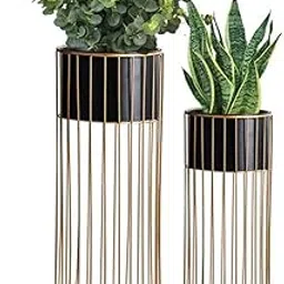 CHROMIX Set of 2 Hairpin Leg Plant Stands with Matching Pots – Modern Decorative Metal Planter Set for Indoor & Outdoor Use – Stylish 2-Piece Plant Holder for Home, Balcony, Patio & Office Decor (Black stand with Gold Pot)-picture-21