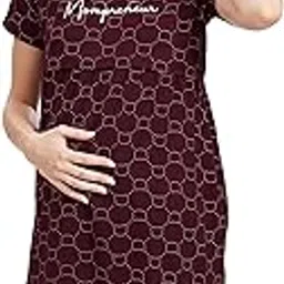 pastel clip Knee Length Cotton Teddy Printed Maternity Night Dresses for Women Feeding, Wine, 8009 Regular Dress-picture-37