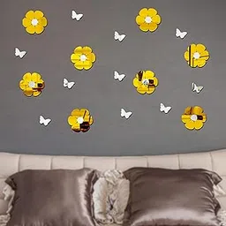 Bikri Kendra Ind - 8 Flower Golden with Butterfly Silver Mirror Stickers for Wall, Acrylic Mirror Wall Decor Sticker, Wall Stickers, Acrylic Stickers, Wall Stickers for Hall Room, Bed Room.-image-46