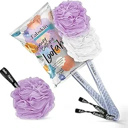 FABSKIN Luxury Bath Loofah Duo Pack - Loofah Sponge and Loofah Brush With Plastic Handle | Loofah for Bathing for Women & Men | Bath Brush Body Back Scrubber For Bathing (Purple and White)-picture-23