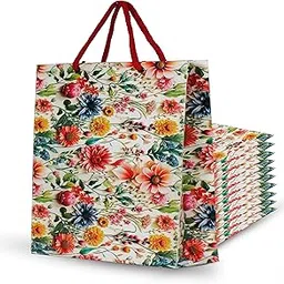 KOSY Pack Of 10 Gift Carry Bag | Eco-Friendly Recycle Paper Bag For Gifting | Sturdy & Versatile Paper Bag For Shopping | Small Gift Bag 22x6x22 CM | Carry Bag For Gifting Multi Flower Design image 1