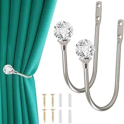 HASTHIP® 2Pcs Curtain Wall Hooks Drapery Holders Acrylic Crystal Ball Tipped Luxury Silver Curtain Retainer Hooks Wall Hooks Fixed Metal Wall Curtain Hooks-picture-16
