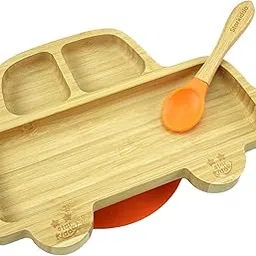 StarKiddo®️ ‘Bamboo Rider’ Baby Plate for Kids and Baby-Led Weaning | 3 Sections | Non-Toxic | Super Strong Suction Cup - Natural Bamboo BPA Free Baby Plate for Stay Put Feeding (Orange)-picture-26
