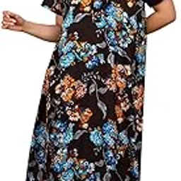 Floral Print Cotton Nightgown, Long Maxi Nighty for Women, Flowers Print, Short Sleeves-image-2