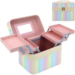 NFI essentials Pu Makeup Box With Mirror 4 Layer Foldable Tray, Cosmetic Organizer For Women, Vanity Bridal Trousseau Box,Pink-picture-21
