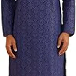 sojanya (Since 1958 Men's Cotton Blend Navy Blue & Black Printed Kurta & White Churidar Pyjama Set image 1