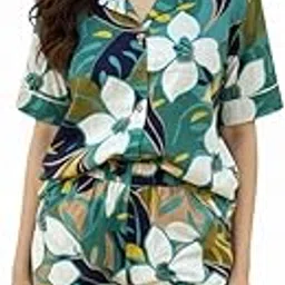 Tropical Floral Print Cotton Lounge Set, Short Sleeve Shirt with Shorts, Teal and White, Summer Casual Wear-image-92