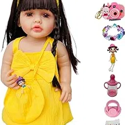 NestyFox 55cm Silicone Baby Doll for Kids – Realistic Lifelike Doll in Yellow Dress with Accessories | Projector Light Camera, Cartoon Keychain, Pacifier, Bottle, Diaper & Socks (Sunny Blossom)-picture-14