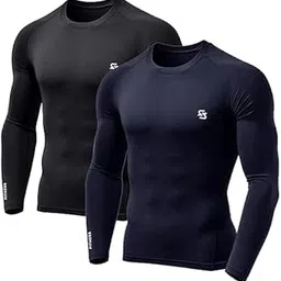 Sportinger Polyester Men's Compression Slim Fit T-Shirt Top Skin Tights Fit Lycra Inner Wear Full Sleeve for Gym Cricket Football Badminton Sports Combo (Pack of 2) (M, Black/Navy)-picture-47