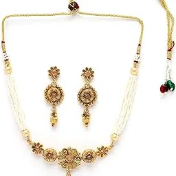 sukkhi Attractive Gold Plated Gold Beads Copper Choker Necklace Set with Drop Earring | Jewellery Set For Women (NS105536) image 1