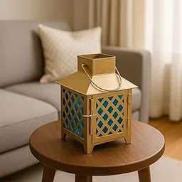 MARKET 99 Metal + Glass Lantern With Blue Glass | Elegant Home Decor For Diwali, Christmas, Birthday, and Wedding | Decorative Candle Holder for Ideal for Festive & Ambient Lighting | Golden & Blue-image-62