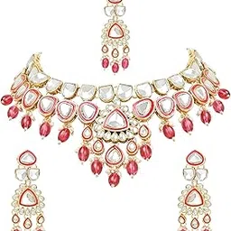 i jewels Gold Plated Traditional Pearl Kundan Necklace Jewellery Set With Earring Maang Tikka Set For Women And Girls (K7248)-picture-32