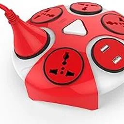 GM Saturn 220 volts 5+1+1 Power Strip with Master Switch, Safety Shutter, 5 International Sockets & Twin USB Port- Red & white-picture-23