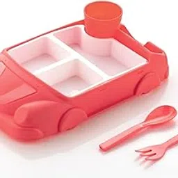 Enorme Kids Silicone Car Design Dinner Plate with Spoon, Fork | BPA-Free, Non-Slip, Heat Resistant, Divided Feeding Plate for Toddlers & Babies | Cute Cartoon Shape Plate RED - (Pack of 1)-picture-35