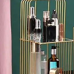 LamJum Metal Square Perfume Organiser 2 tier with Mirror Base and Beautiful Gold Colour Decorative Cosmetics Holder Beauty Display-picture-10