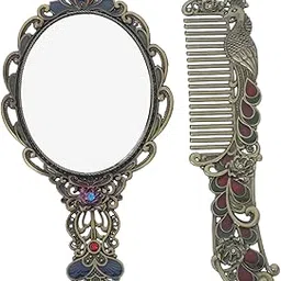 Beavorty 1set Vintage Peacock Handheld Makeup Mirror Set Comb Elegant Compact Mirror for Women and Girls Lightweight Decorative Travel Accessory for Makeup Artists and Daily Use-picture-30