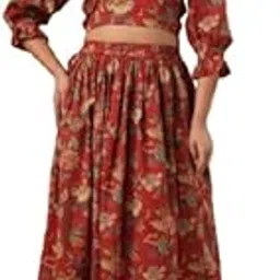 kirosham Red Floral Printed Co-Ord Set for Women | Stylish Cotton Crop Top with Skirt Set | Casual Ethnic Fusion Wear | Square Neck Puff Sleeve Top with Long Skirt-picture-58
