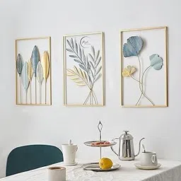 RIZIK STORE™ Metal Abstract Figure handcrafted Wall Sculpture wall art multicolor for Home Decoration, Living room, drawing room & Bedroom (Multi set of 3) (Gold & Blue)-image-80