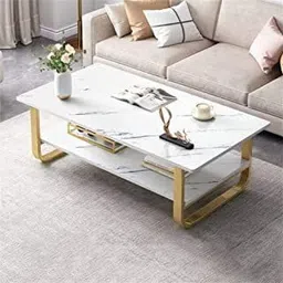 Rectangular Modern Coffee Tables MDF Top Marble Pattern Coffee Table Stacking Side Table Center Tables for Living Room Bed Room MDF Top Metal Table Hallway Table (Golden White)-image-0