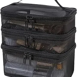 3 Layer Makeup Pouch Bag,Travel Makeup Organizer Portable Toiletry Case Bag Pouch, Large Mesh Toiletries Double Layer Nylon Brush Zip-up Tool with Handle (Black)-picture-28