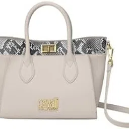 Cavalli Designer Handbag, Beige Leather with Snake Print Trim, Structured Tote, Gold Hardware, Shoulder Strap-picture-23