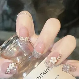 Press On Nails for Women Fake Nails 24 Pcs Nail Extension kit Full Cover Artificial Fingernails, Translucent Pink Color With 3D Flowers And Pearl Design（Comes With a Wearable Tool Kit）-picture-37