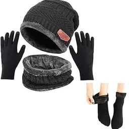 poprex Mens & Women Woolen Cap Neck Warmer Beanie Set with Woolen Touch Gloves and Fur Socks-picture-44