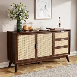 TGF Furniture Store Modern Wooden Sideboard Cabinet – 3 Drawers and 2 Doors with Cane Webbing – Walnut Finish Buffet Table for Living Room, Dining Room, or Entryway-picture-32