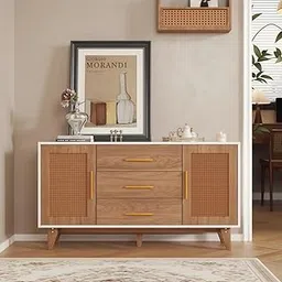 ND INTERNATIONAL Modern Solid Wood Sideboard Cabinet with Cane Doors and 3 Drawers, White Top, Gold Handles Accent Storage Cabinet for Living Room, Dining Room, Entryway, Bedroom, Hallway-picture-20