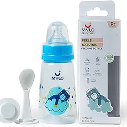 Mylo Baby 2 in 1 Feeding Bottle with Spoon (125 ml) for New Born Baby | Anti Colic & BPA Free Feeding Bottles | Feels Natural Baby Bottle | Easy Flow Neck Design- Blue Bear-picture-42