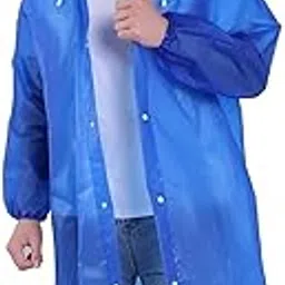 Waterproof Rain Coat with Hood, Long Length, Blue, Snap Button Closure-image-33