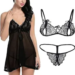 naisa Women’s Net Lace Babydoll Lingerie Set of Midi/Nighty/Nightgown with Panty, Sexy Sleepwear Sling Dress Set Combo Pack of 1-picture-43