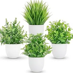 Dekorly Plastic Artificial Plants Small Fake Potted Plants, Mini Eucalyptus Potted Faux Decorative Grass Plant With White Pot For Home Decor, Indoor, Office, Desk, Shelf, Table Decoration|Pack Of 4 image 1