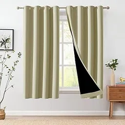 ThinkArtDecor Solid 100% Blackout Window Curtains 5 Feet Long Set of 2 with Tie Backs, Triple Weave Curtains 5 Feet for Window with Grommet for Home Decor, Bedroom Darkening (5x4 Feet, Creamy Beige) image 1