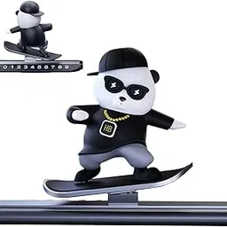 BKN Unique Car Interior Accessories Dashboard Decorations, Cute Sliding Skateboarding Panda with Temporary Parking Card Number Plate (Bear Multi Colors) image 1