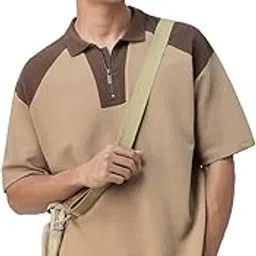 the souled store Ottoman Colourblock: Sepia Men and Boys Short Sleeves Collared Neck Brown Cotton Blend Oversized Zipper Polos-picture-24